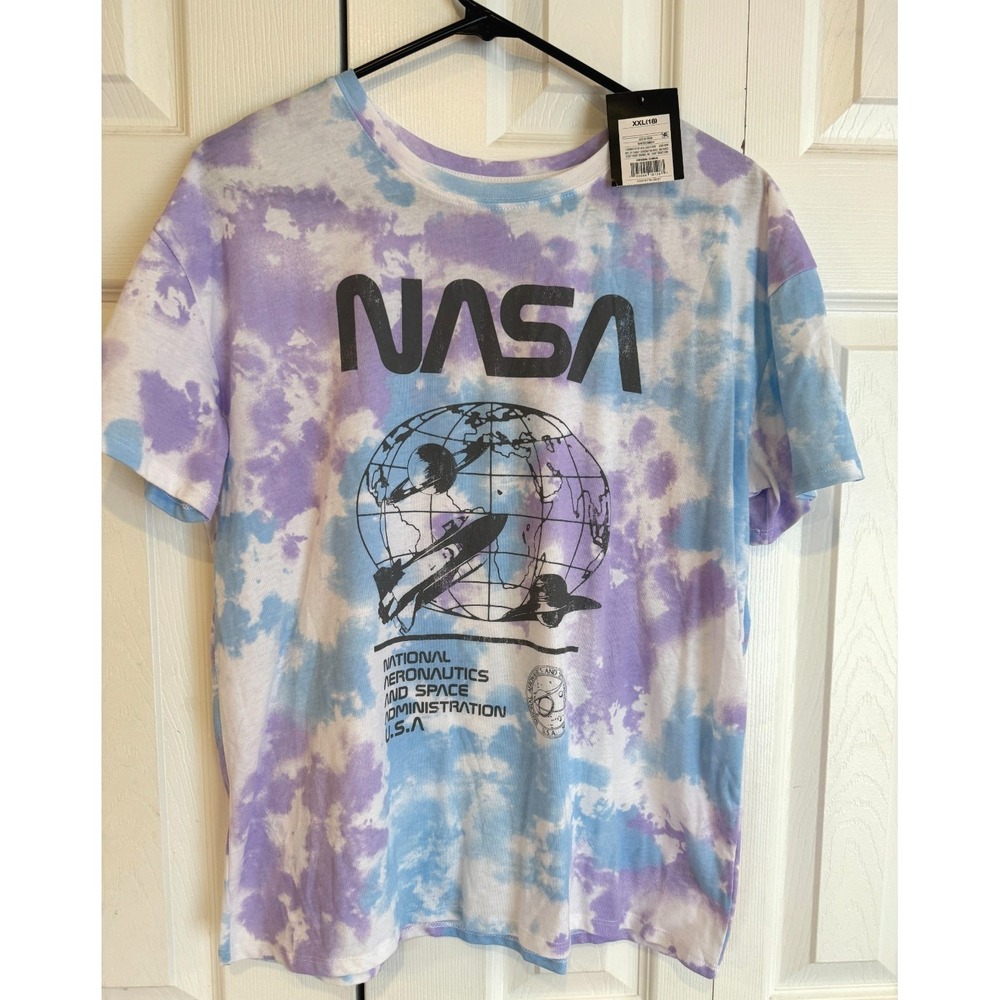 NEW NASA Tie Dye Space Shuttle Graphic T-Shirt Purple Blue Youth Size XXL (18)